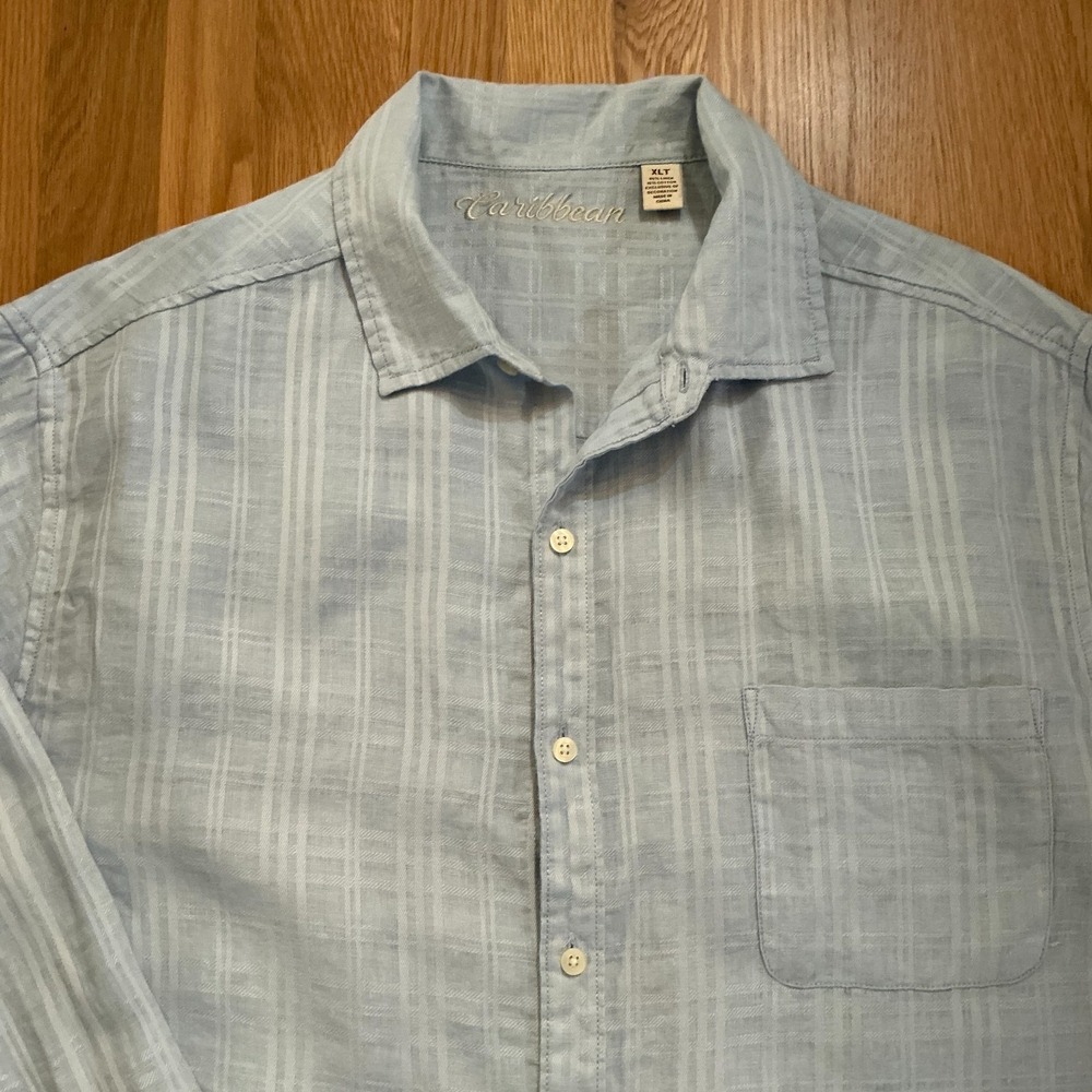 Caribbean Mens Linen Shirt XLT Tall Light Blue Long Sleeve Button Down - Picture 2 of 6